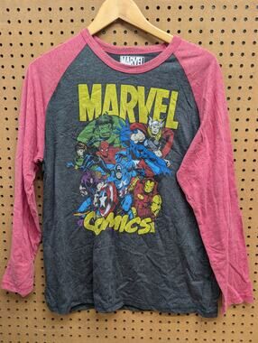 Marvel Comics Superheroes Graphic Raglan Shirt L Spider-Man Hulk Thor Iron Man